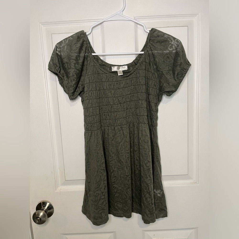 Women’s Green Kenar Babydoll Sinched Short Sleeve Round Neck T Shirt Blouse Sm